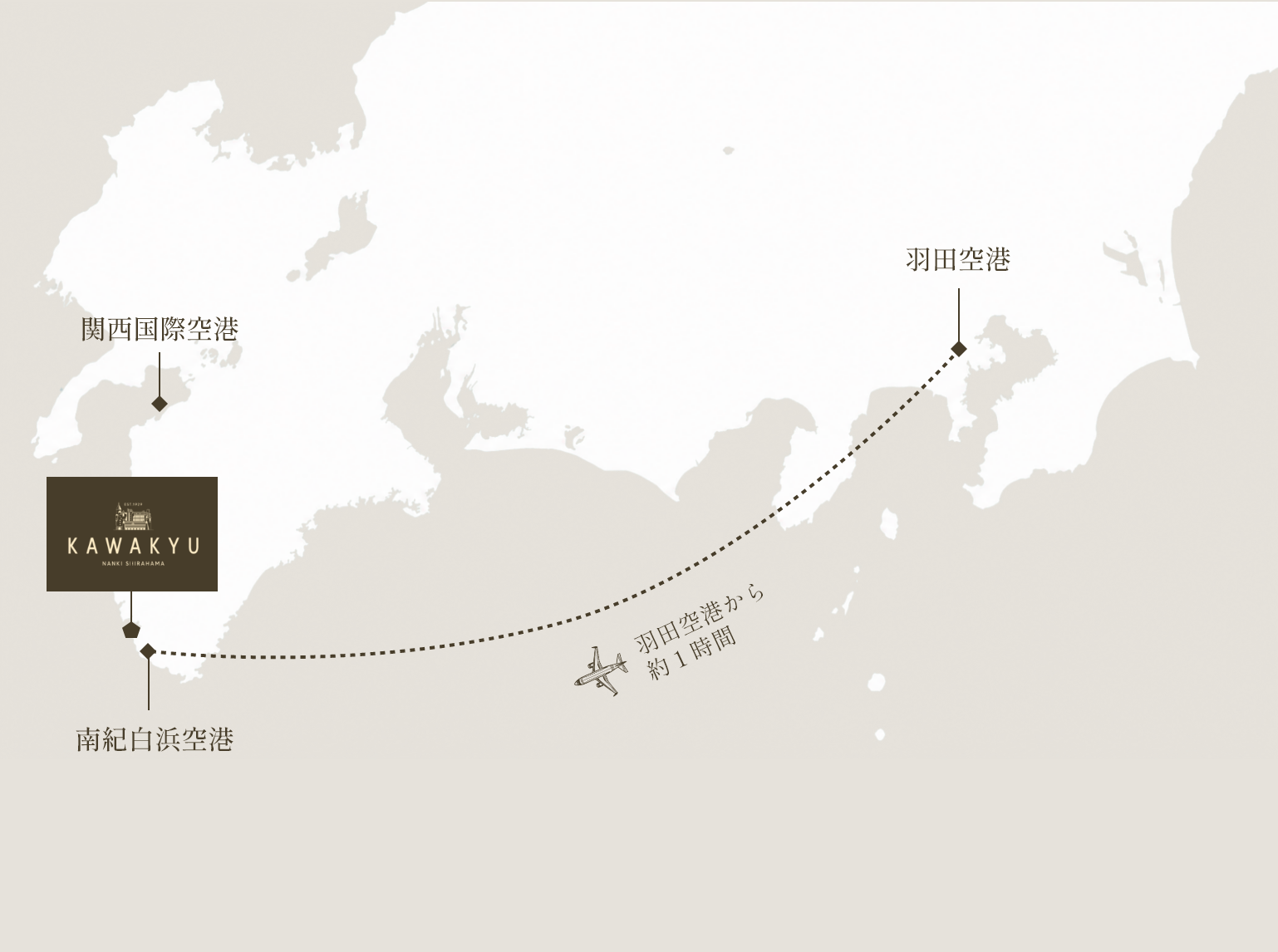 羽田空港および関西国際空港から南紀白浜までのアクセスマップ
